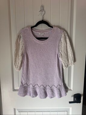 crown & ivy Lavender Knit Peplum Sweater Top with Cream Eyelet Puff Sleeves